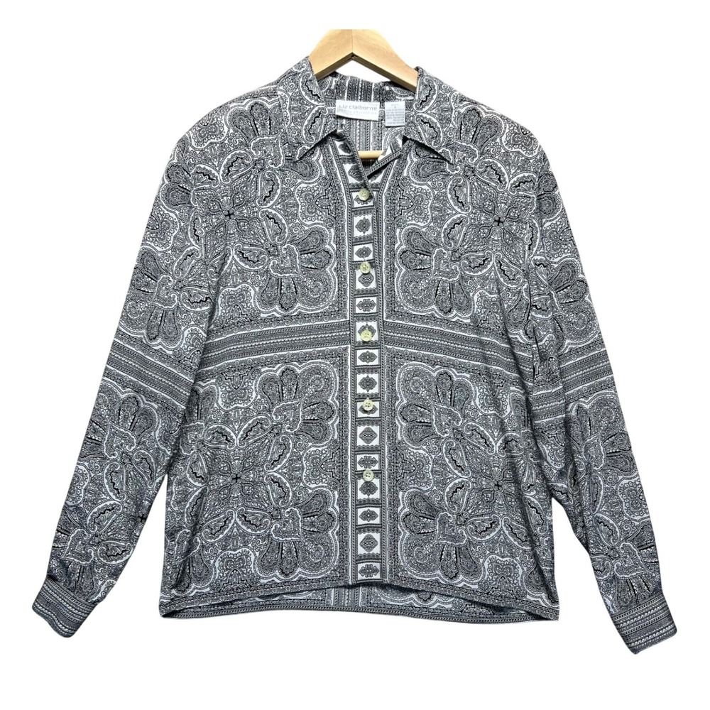 Vintage Liz Claiborne Petite Black White Paisley Print Button Up Shirt 2